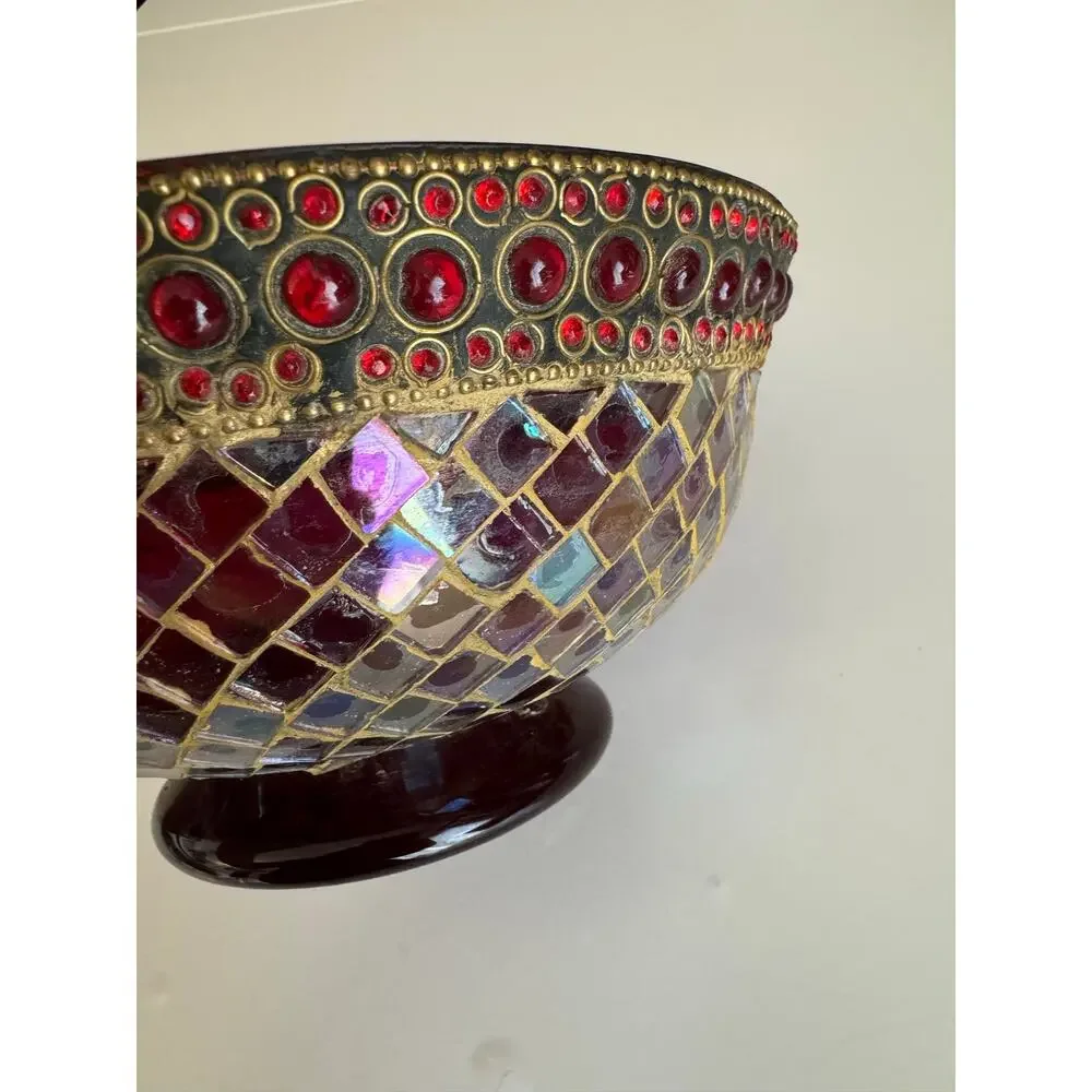 VTG Z Gallerie Ruby Mosaic Pedestal Bowl Iridescent Glass Jeweled Centerpiece